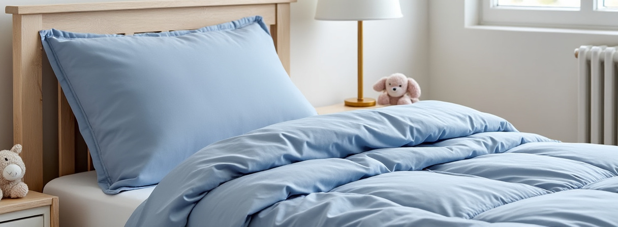 Kinderbett mit gefalteter Decke und passendem Kissen